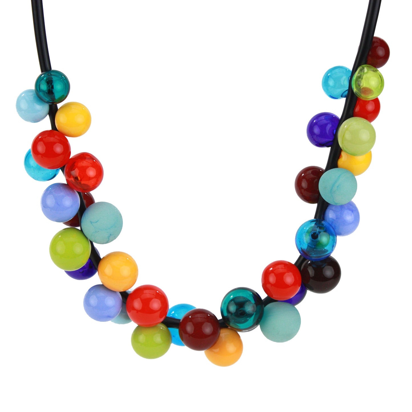 The "Bolla" necklace featuring vibrant hand-blown glass beads in rainbow hues, strung on steel cable through a rubber cord with a sterling silver clasp.