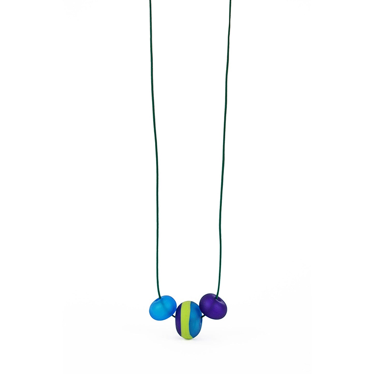 Soft Stripes Necklace with three hand-blown sandblasted glass beads in turquoise, cobalt, and green accents, on an adjustable fine leather cord.