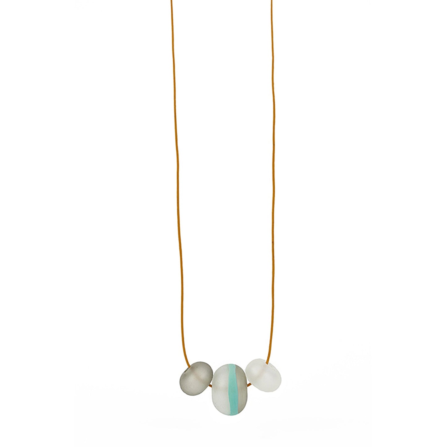 Soft Stripes Necklace with three hand-blown sandblasted glass beads in white, grey, and blue accents, strung on a mustard adjustable fine leather cord.