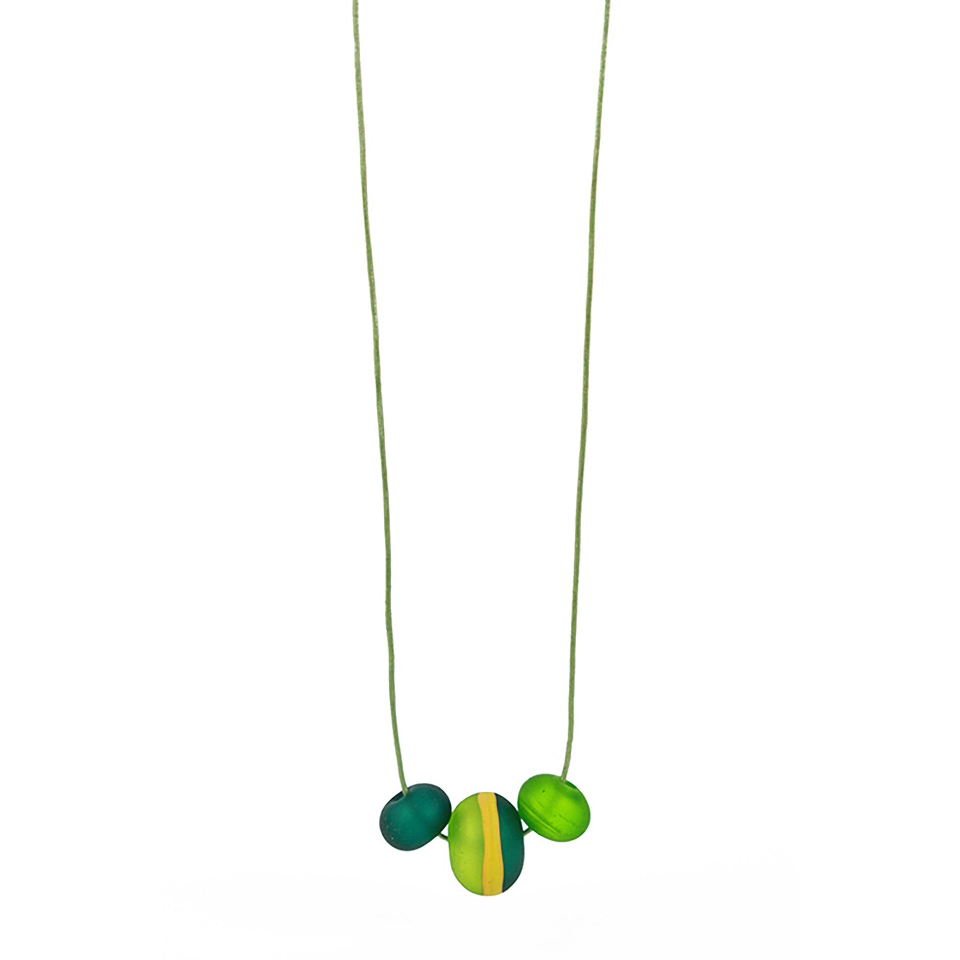 Soft Stripes Necklace with three hand-blown sandblasted glass beads in light green, dark green, and yellow ochre accents, on an adjustable fine leather cord.