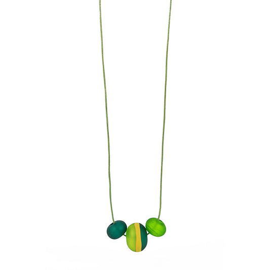Soft Stripes Necklace with three hand-blown sandblasted glass beads in light green, dark green, and yellow ochre accents, on an adjustable fine leather cord.