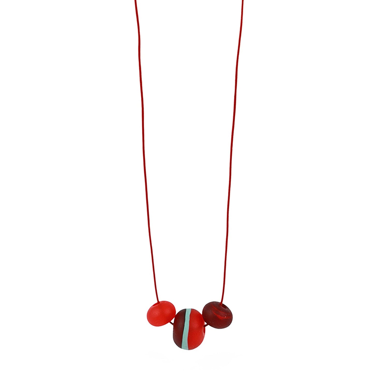 Soft Stripes Necklace with three hand-blown sandblasted glass beads in red, orange, and blue, strung on an adjustable fine leather cord.