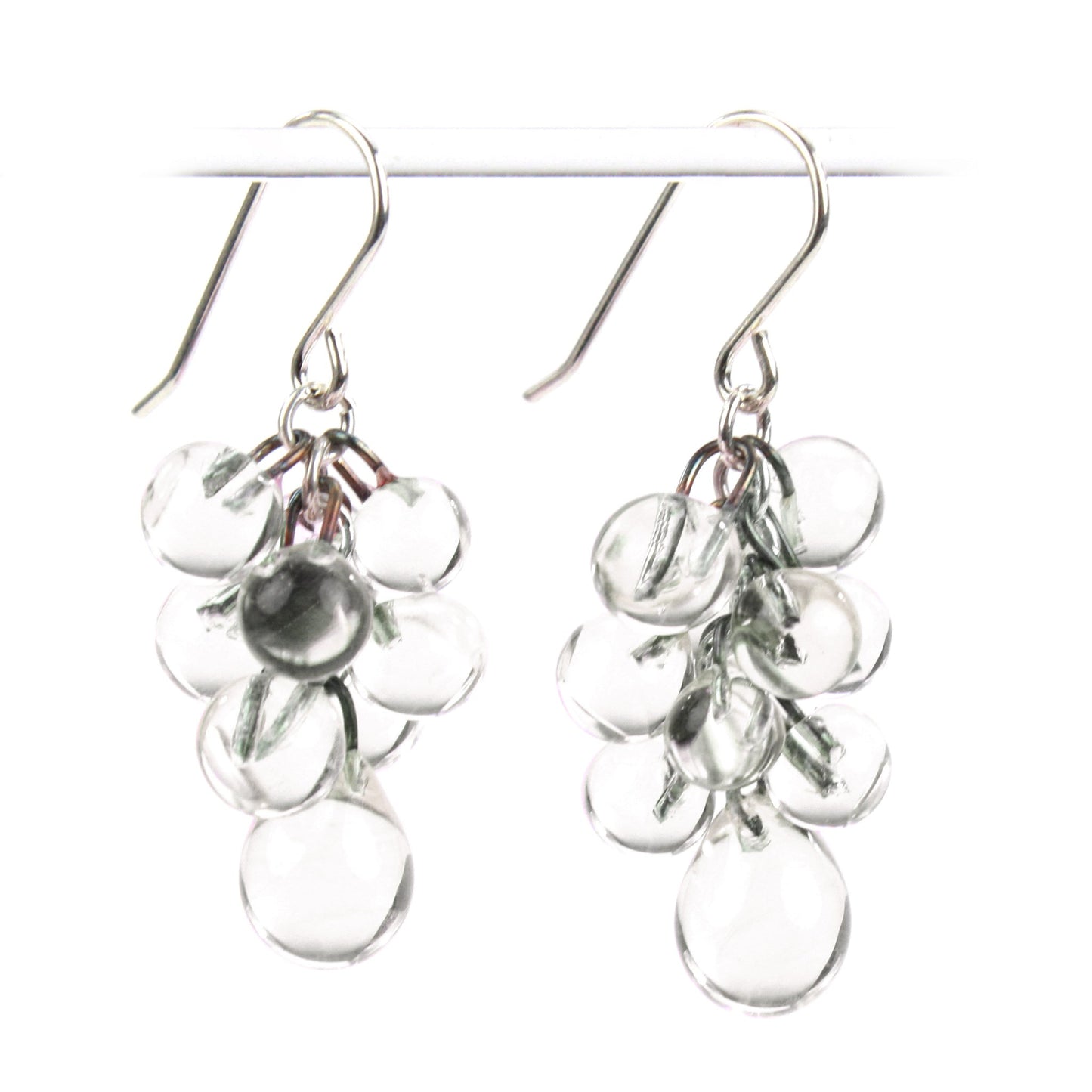 Clear Glass Cluster Earrings with transparent handcrafted beads in a cascading design, teardrop accents, and sterling silver ear wires for a sophisticated look.