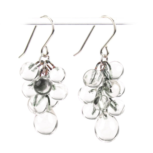 Clear Glass Cluster Earrings with transparent handcrafted beads in a cascading design, teardrop accents, and sterling silver ear wires for a sophisticated look.