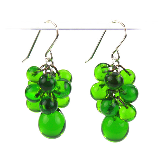 Green Glass Cluster Earrings featuring a cascade of vibrant handcrafted glass beads, teardrop accents, and sterling silver ear wires for a bold and elegant statement.