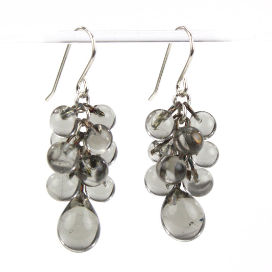 Smoky Grey Glass Cluster Earrings with cascading handcrafted smoky grey beads, teardrop accents, and sterling silver ear wires for a refined and elegant statement.