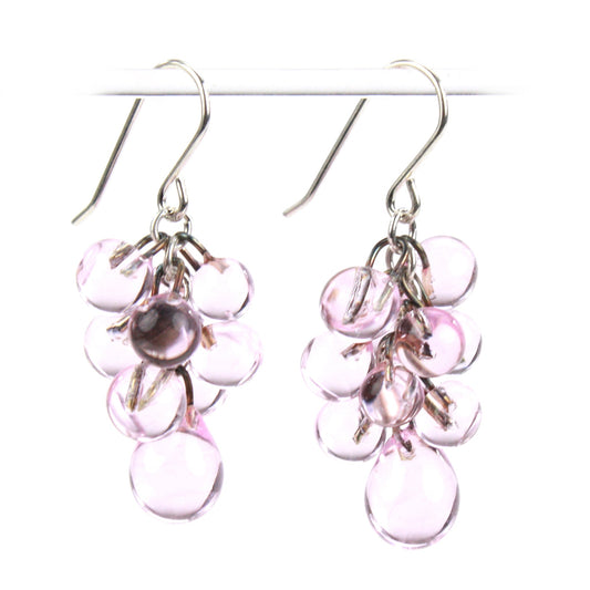 Pink Glass Cluster Earrings featuring cascading soft pink handcrafted glass beads with teardrop accents and sterling silver ear wires for an elegant statement.