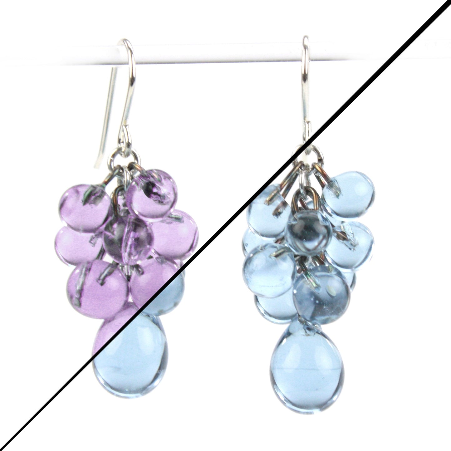 Purple-to-Blue Color-Changing Glass Cluster Earrings featuring cascading handcrafted beads and teardrop accents with sterling silver ear wires.