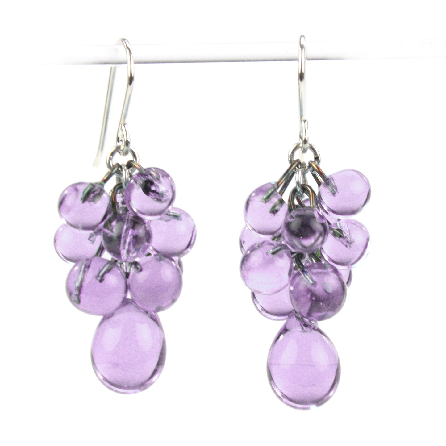 Purple-to-Blue Color-Changing Glass Cluster Earrings featuring cascading handcrafted beads and teardrop accents with sterling silver ear wires.