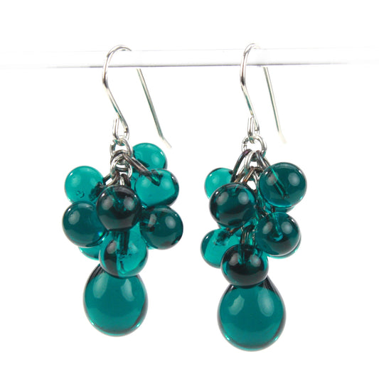 Teal Glass Cluster Earrings featuring handblown beads in a cascading design with teardrop accents and sterling silver ear wires.
