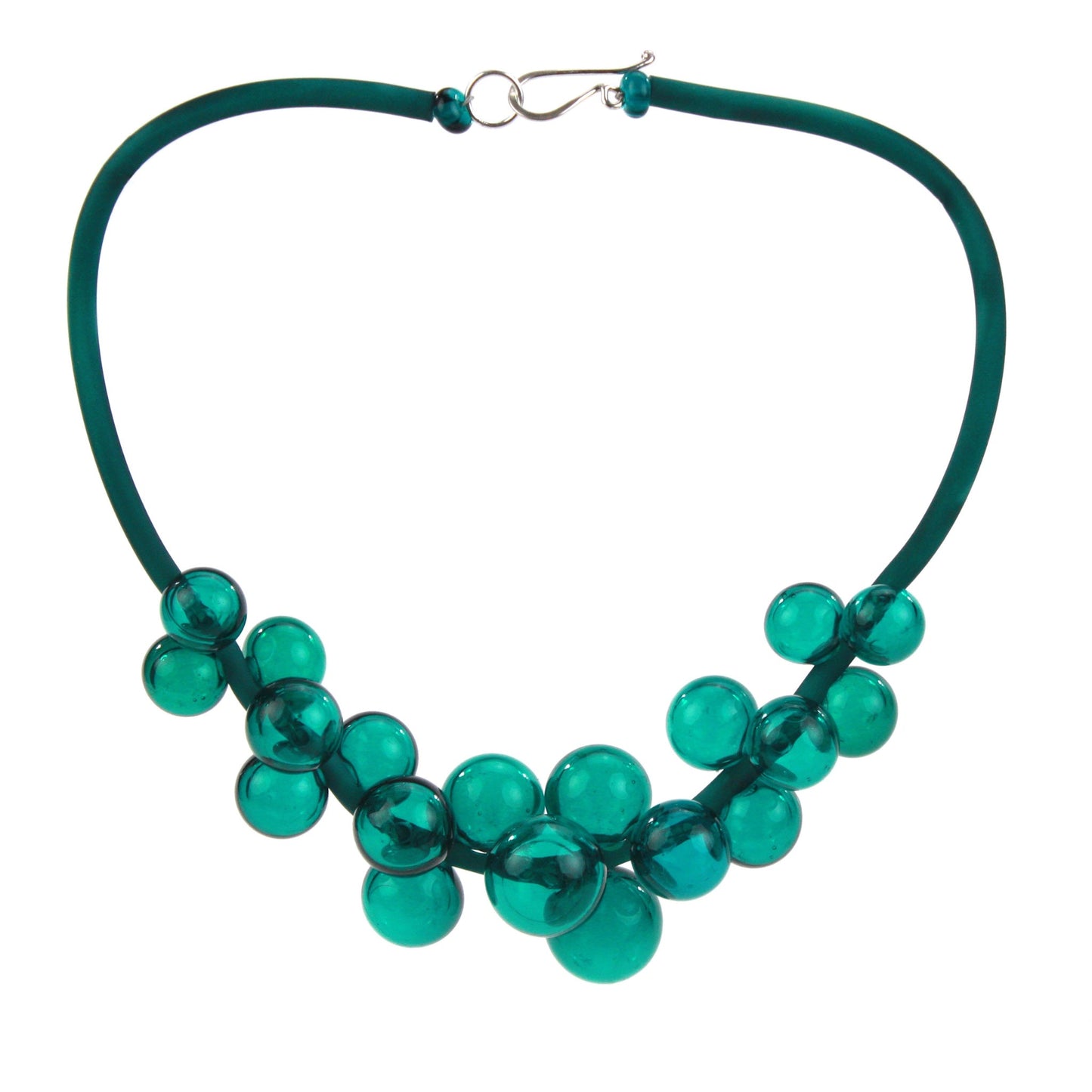 Chroma necklace featuring a cluster of teal handmade glass beads strung on steel and threaded through a hand-dyed silicone cord with a sterling silver clasp.