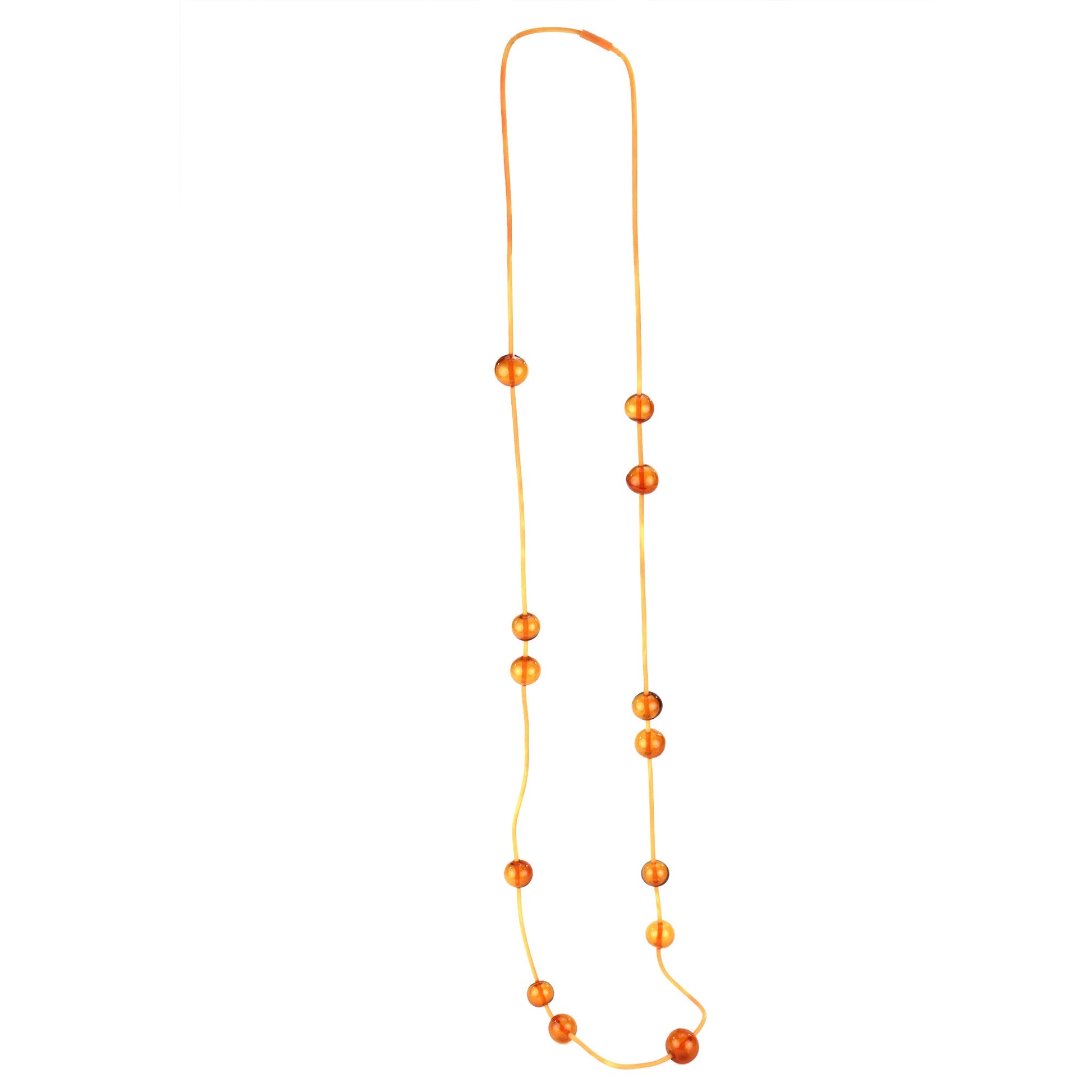 Amber Orbit Necklace with handblown glass beads on a hand-dyed silicone cord, featuring adjustable bead positions and multiple styling options.