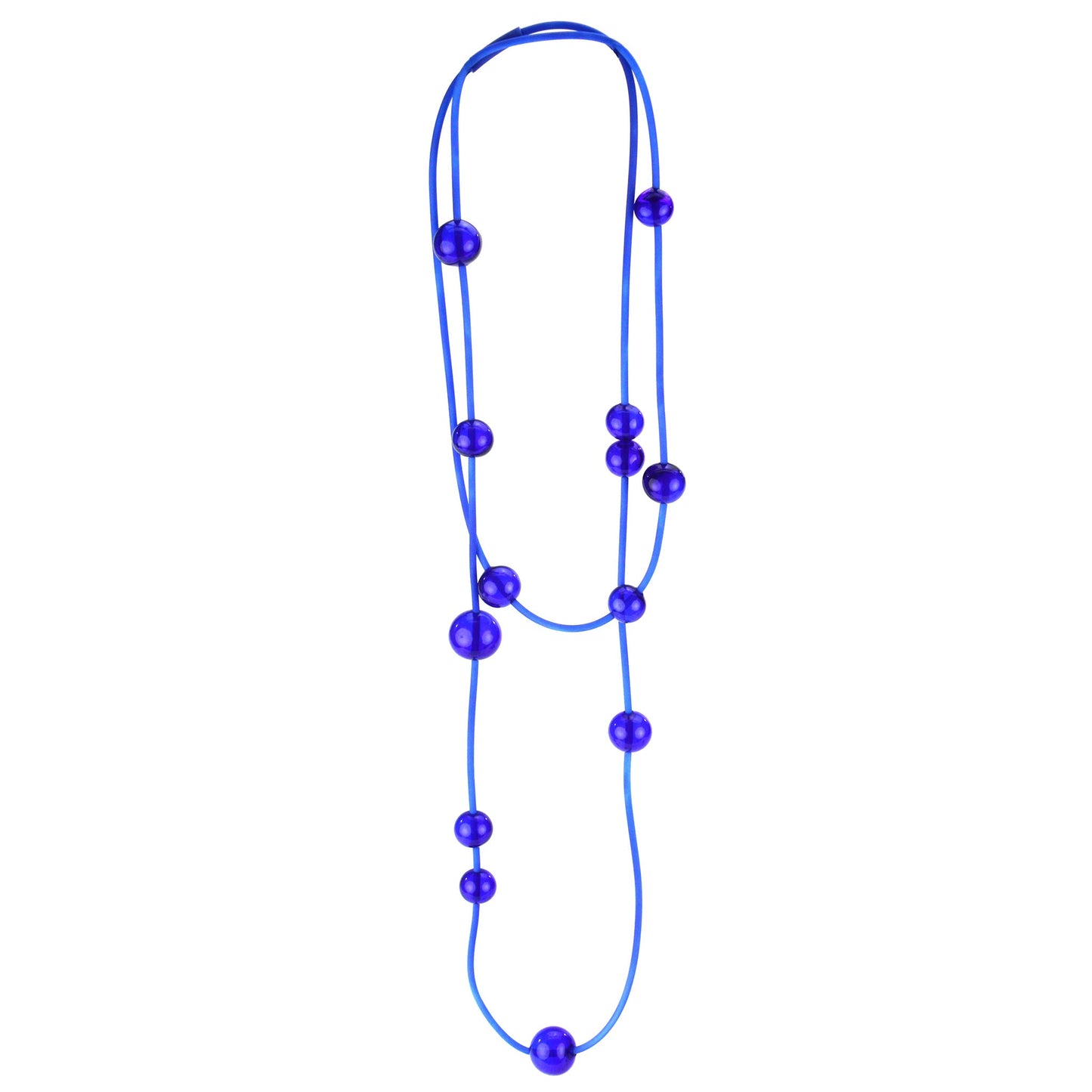 Cobalt Orbit Necklace featuring vibrant handblown glass beads on a hand-dyed silicone cord, adjustable for versatile wear as a long or layered piece.