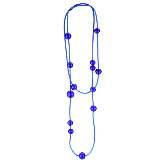 Cobalt Orbit Necklace featuring vibrant handblown glass beads on a hand-dyed silicone cord, adjustable for versatile wear as a long or layered piece.