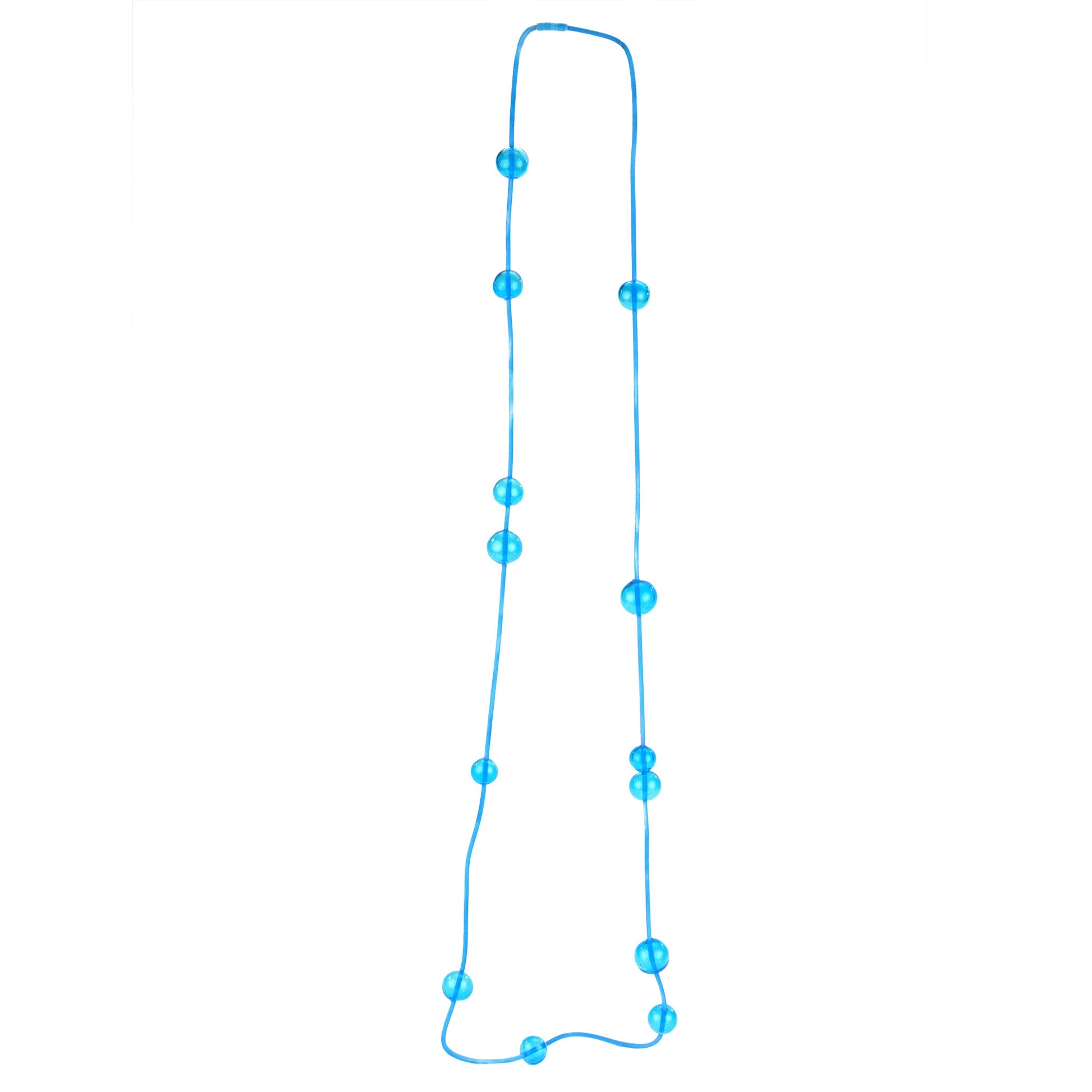 Orbit Necklace in Aqua featuring handblown glass beads on a hand-dyed silicone cord. Adjustable design allows for long or layered styling options.