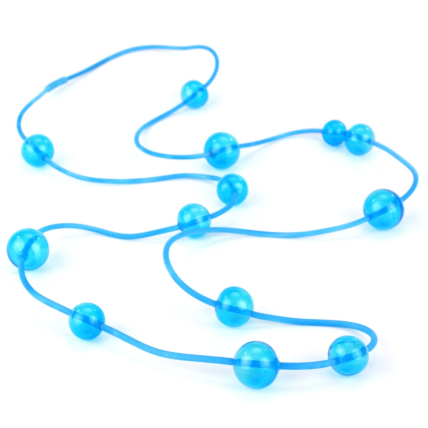 Orbit Necklace in Aqua featuring handblown glass beads on a hand-dyed silicone cord. Adjustable design allows for long or layered styling options.