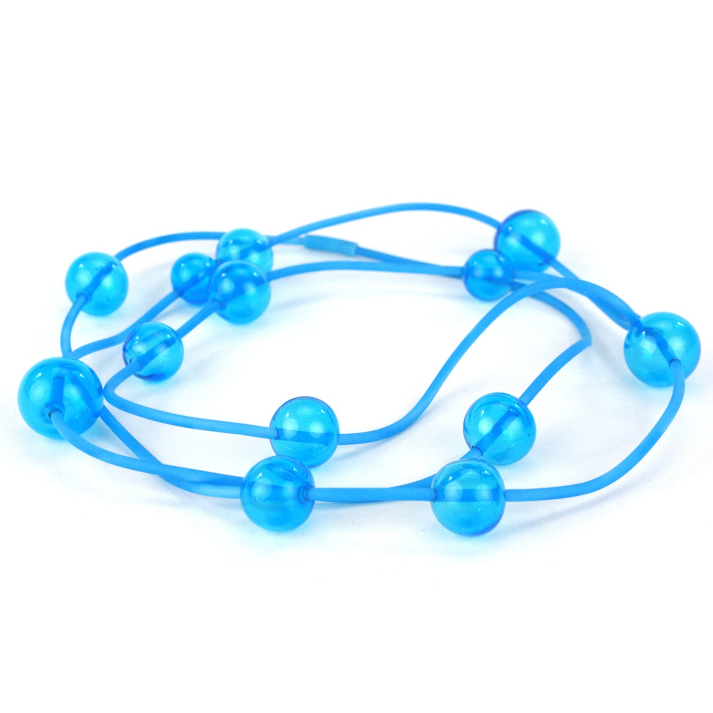 Orbit Necklace in Aqua featuring handblown glass beads on a hand-dyed silicone cord. Adjustable design allows for long or layered styling options.