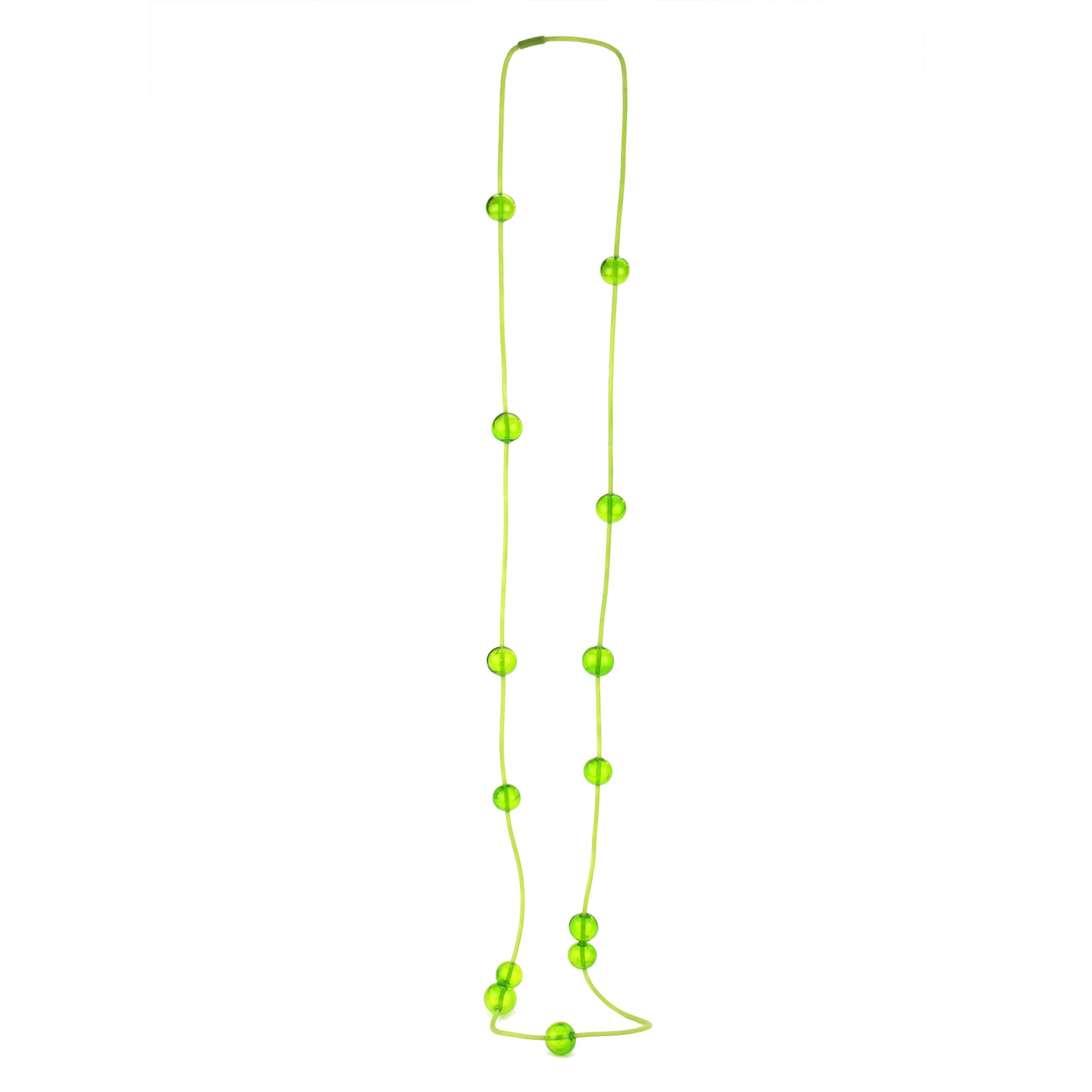 Orbit Necklace in Lime with handblown glass beads on a hand-dyed silicone cord. Features adjustable beads for customizable styling options.