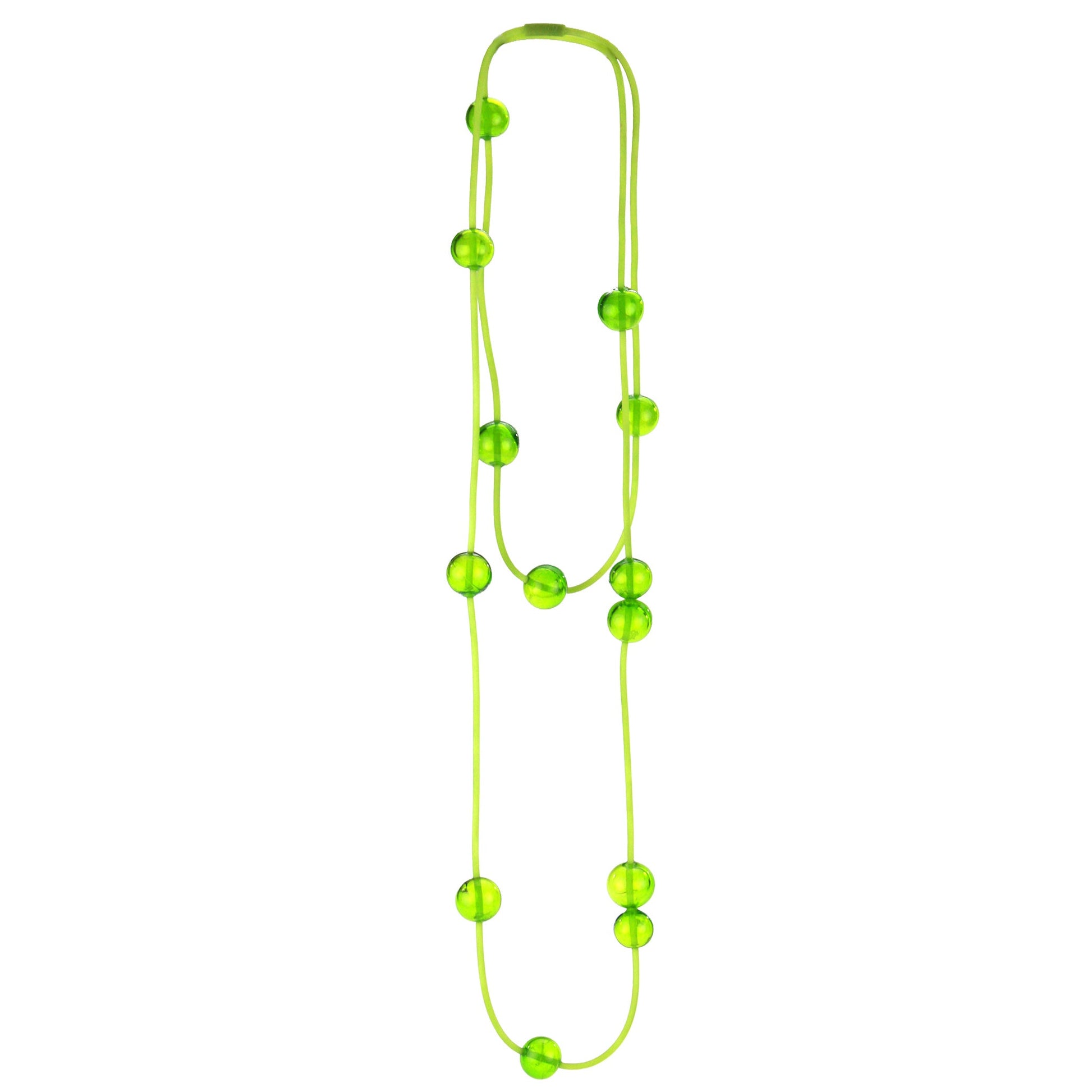 Orbit Necklace in Lime with handblown glass beads on a hand-dyed silicone cord. Features adjustable beads for customizable styling options.