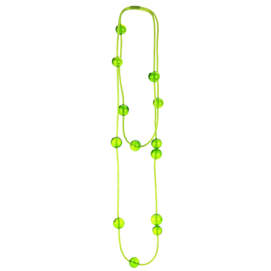 Orbit Necklace in Lime with handblown glass beads on a hand-dyed silicone cord. Features adjustable beads for customizable styling options.