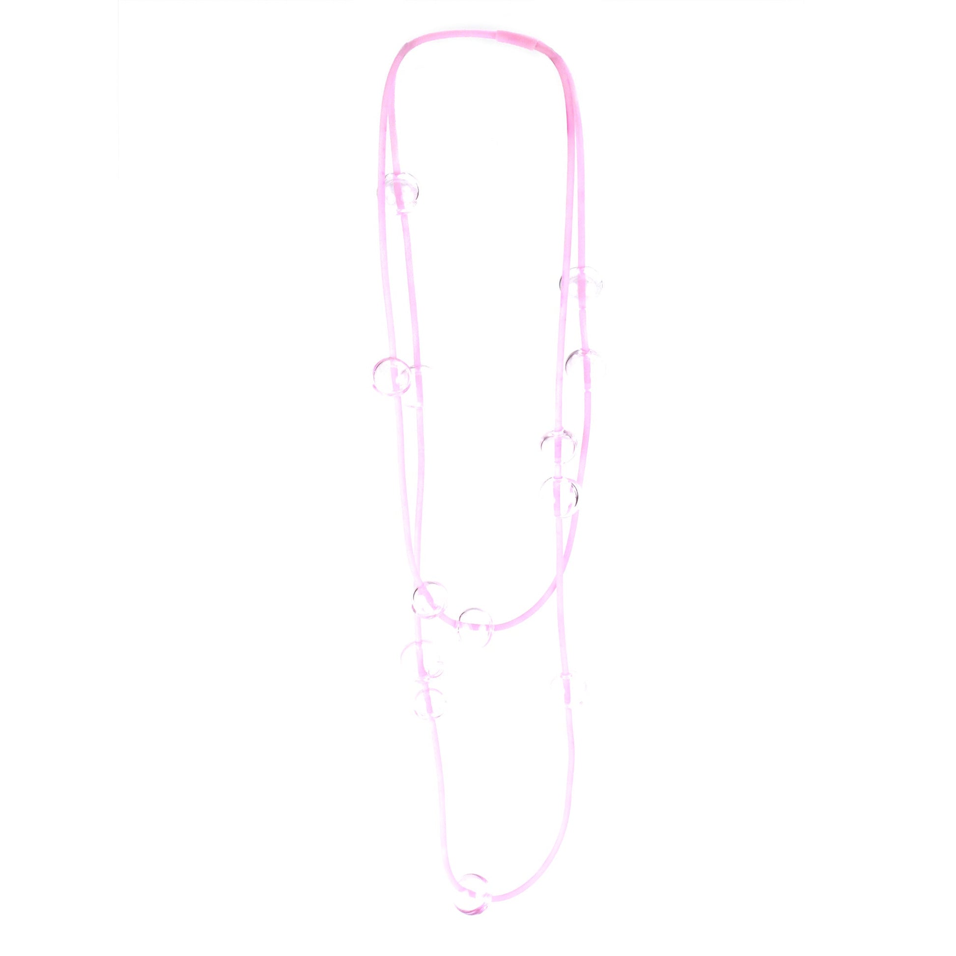 Orbit Necklace in Pink with handblown glass beads on a hand-dyed silicone cord. Features adjustable beads for versatile and customizable styling.