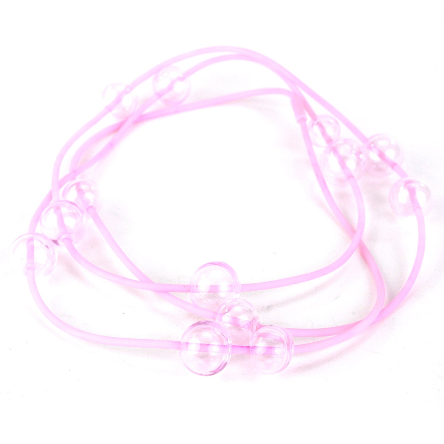 Orbit Necklace in Pink with handblown glass beads on a hand-dyed silicone cord. Features adjustable beads for versatile and customizable styling.