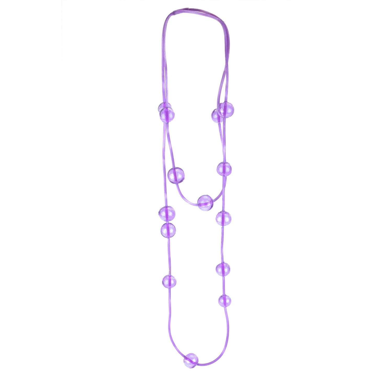 Color-Changing Orbit Necklace with handblown glass beads that transition from purple to blue under fluorescent light. Strung on a hand-dyed silicone cord.