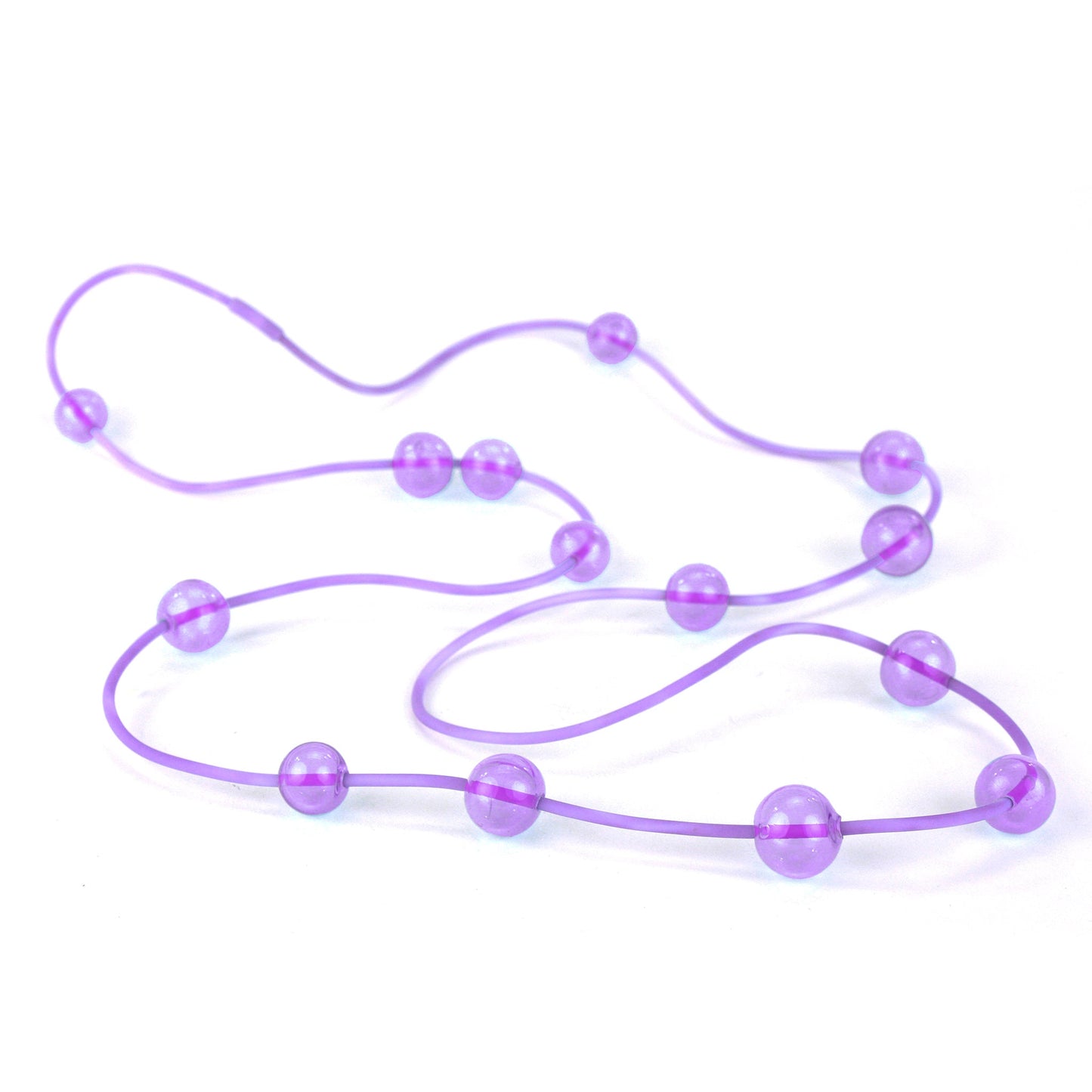 Color-Changing Orbit Necklace with handblown glass beads that transition from purple to blue under fluorescent light. Strung on a hand-dyed silicone cord.