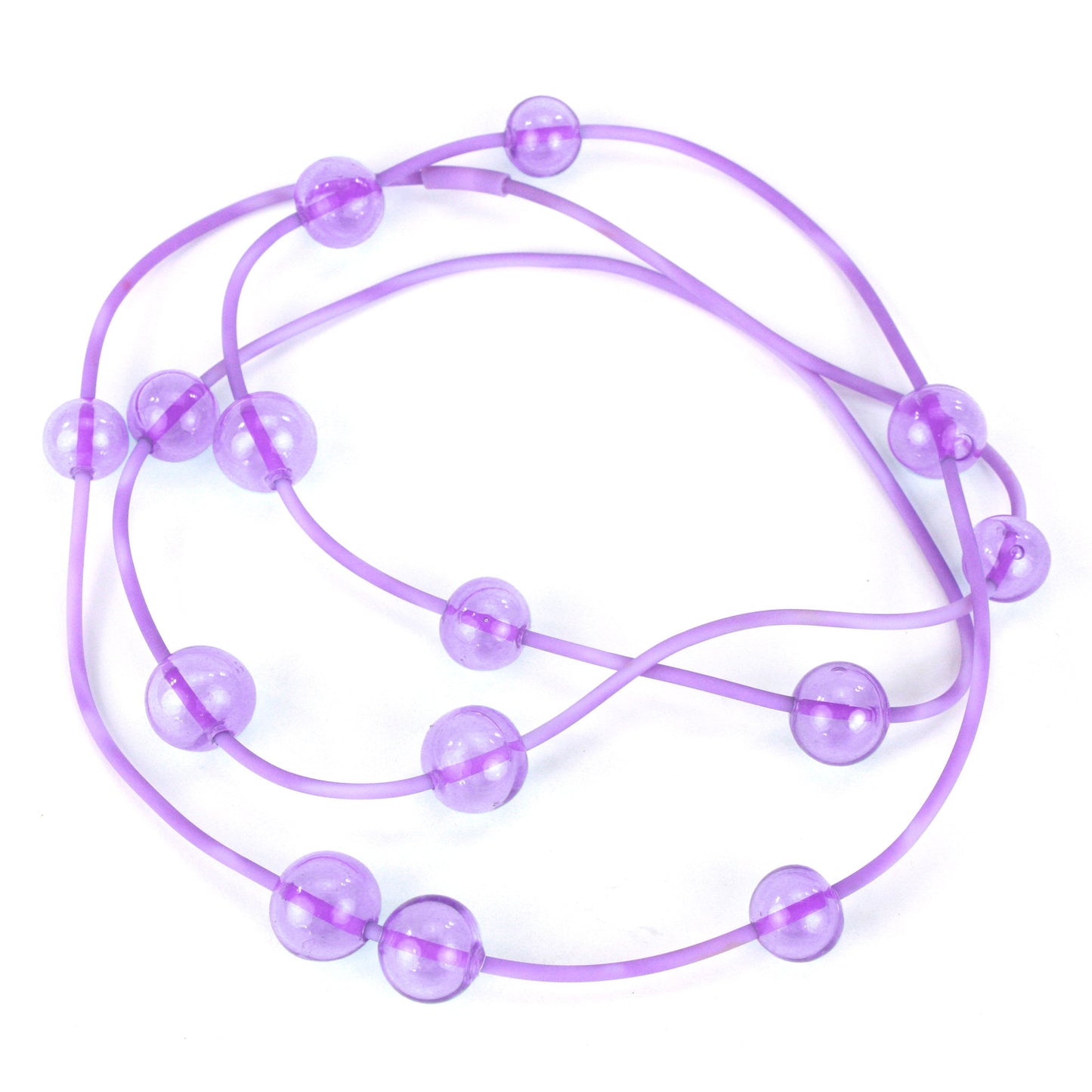 Color-Changing Orbit Necklace with handblown glass beads that transition from purple to blue under fluorescent light. Strung on a hand-dyed silicone cord.