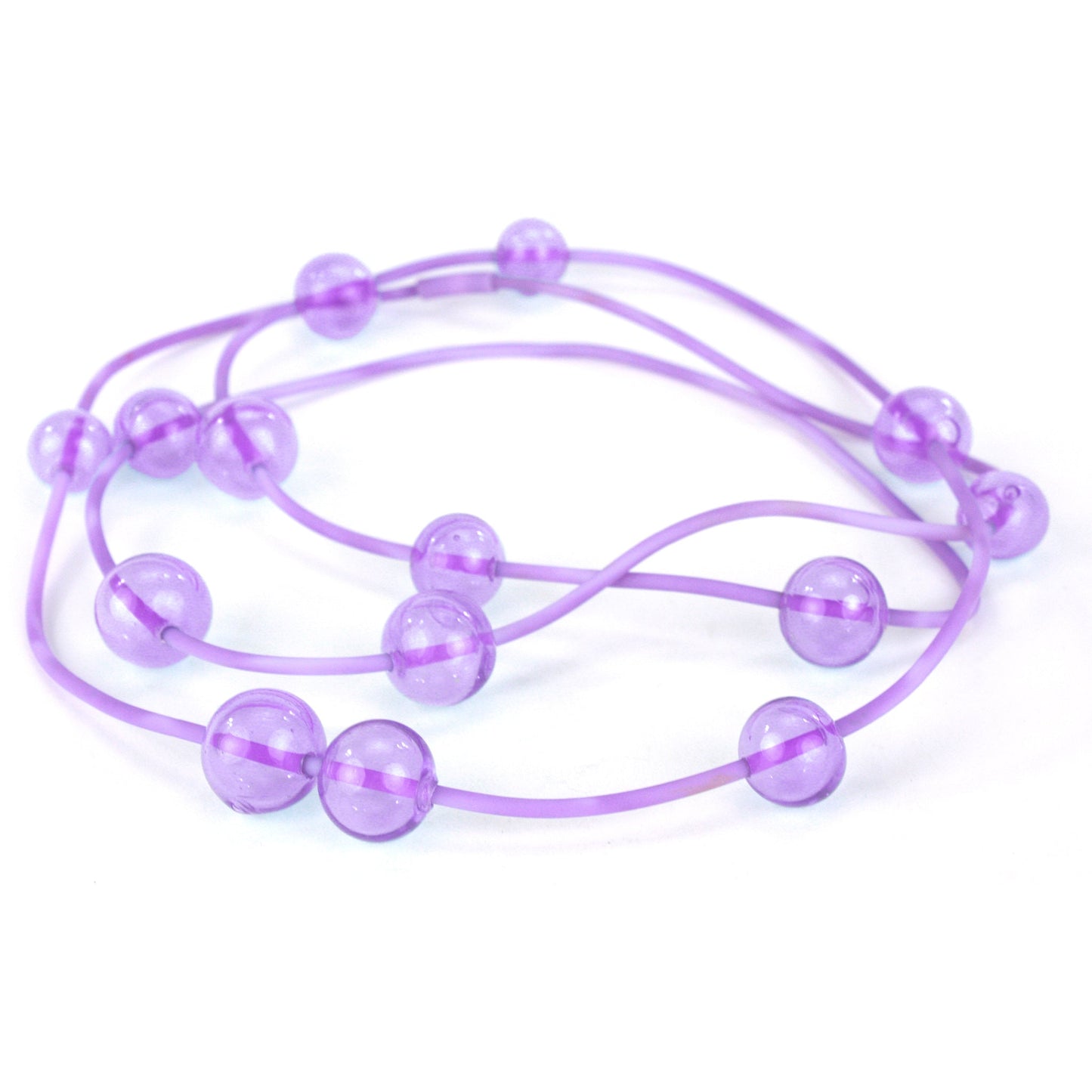 Color-Changing Orbit Necklace with handblown glass beads that transition from purple to blue under fluorescent light. Strung on a hand-dyed silicone cord.