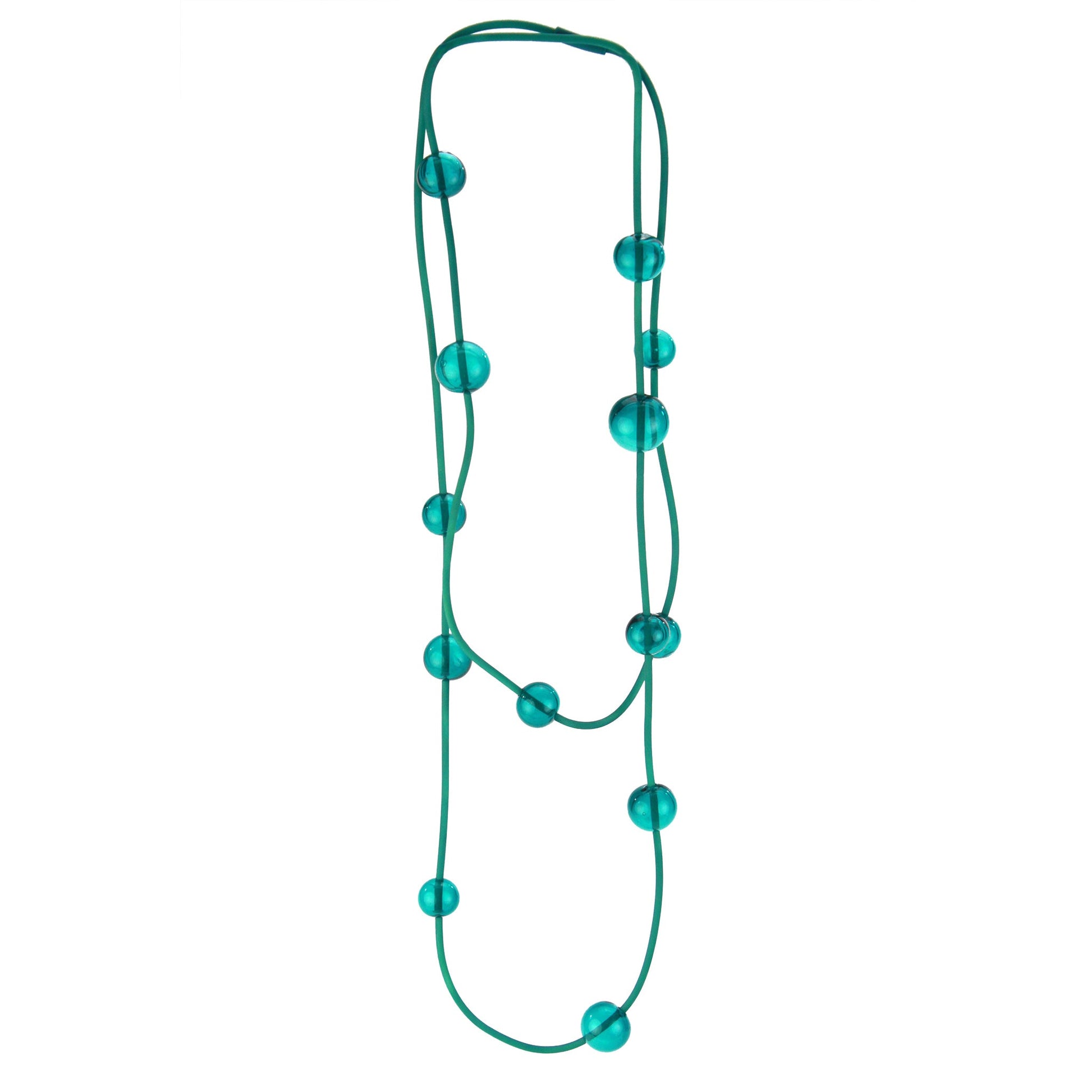 Teal Orbit Necklace featuring handblown glass beads on a hand-dyed silicone cord. Adjustable bead placement and versatile styling options.