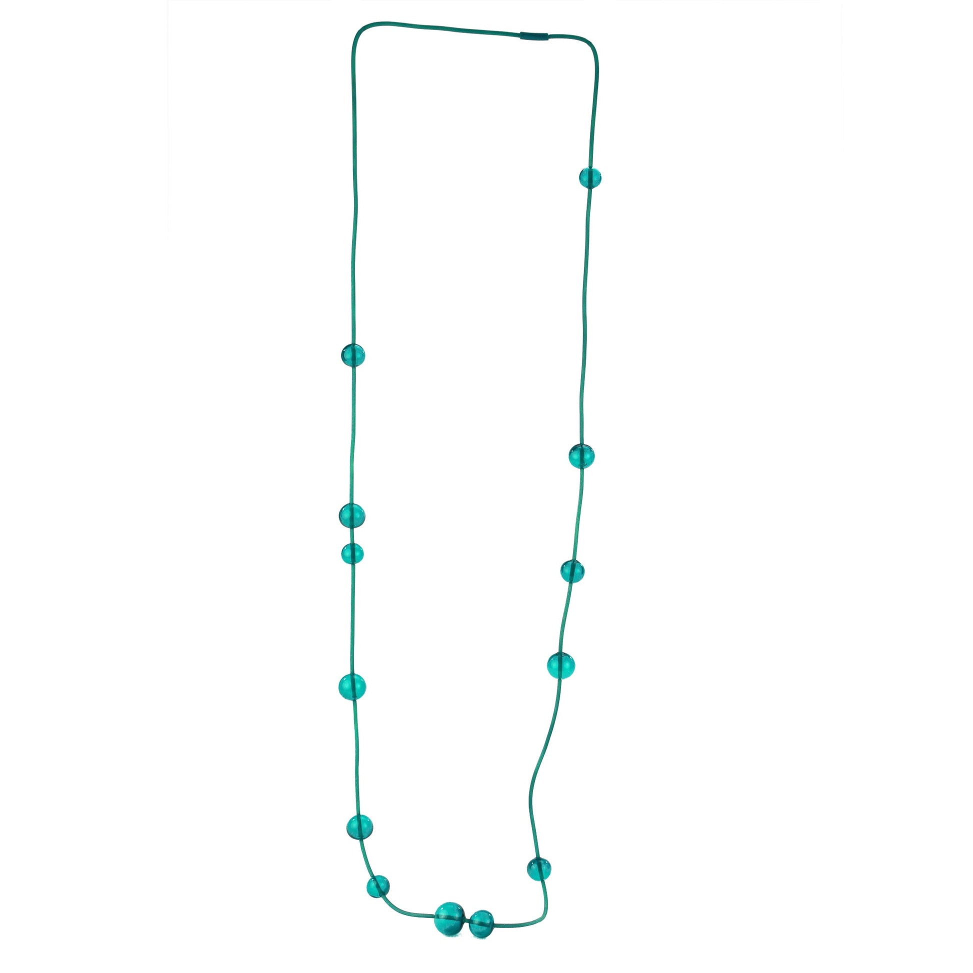 Teal Orbit Necklace featuring handblown glass beads on a hand-dyed silicone cord. Adjustable bead placement and versatile styling options.