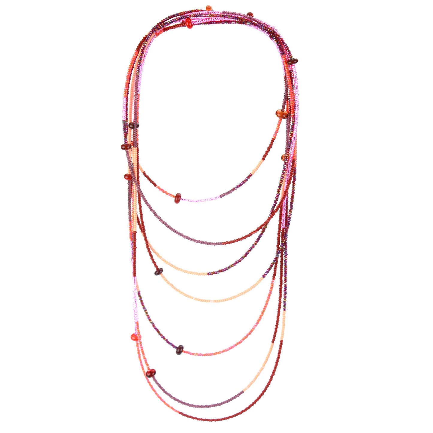A 12-foot necklace featuring tiny glass seed beads in warm shades of red, orange, and pink, accented with handcrafted lampworked beads. The necklace includes a secure barrel screw clasp and can be styled as a layered necklace or wrapped around the wrist as a bracelet.