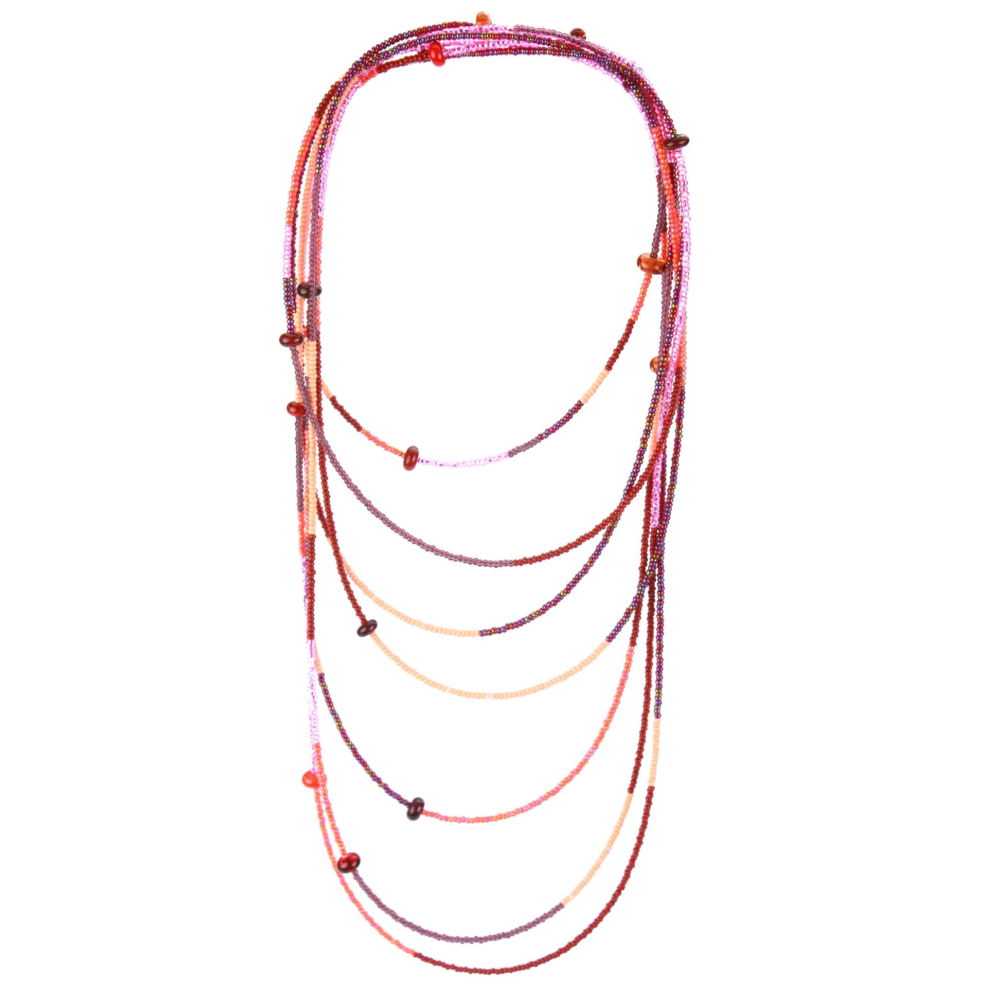 A 12-foot necklace featuring tiny glass seed beads in warm shades of red, orange, and pink, accented with handcrafted lampworked beads. The necklace includes a secure barrel screw clasp and can be styled as a layered necklace or wrapped around the wrist as a bracelet.