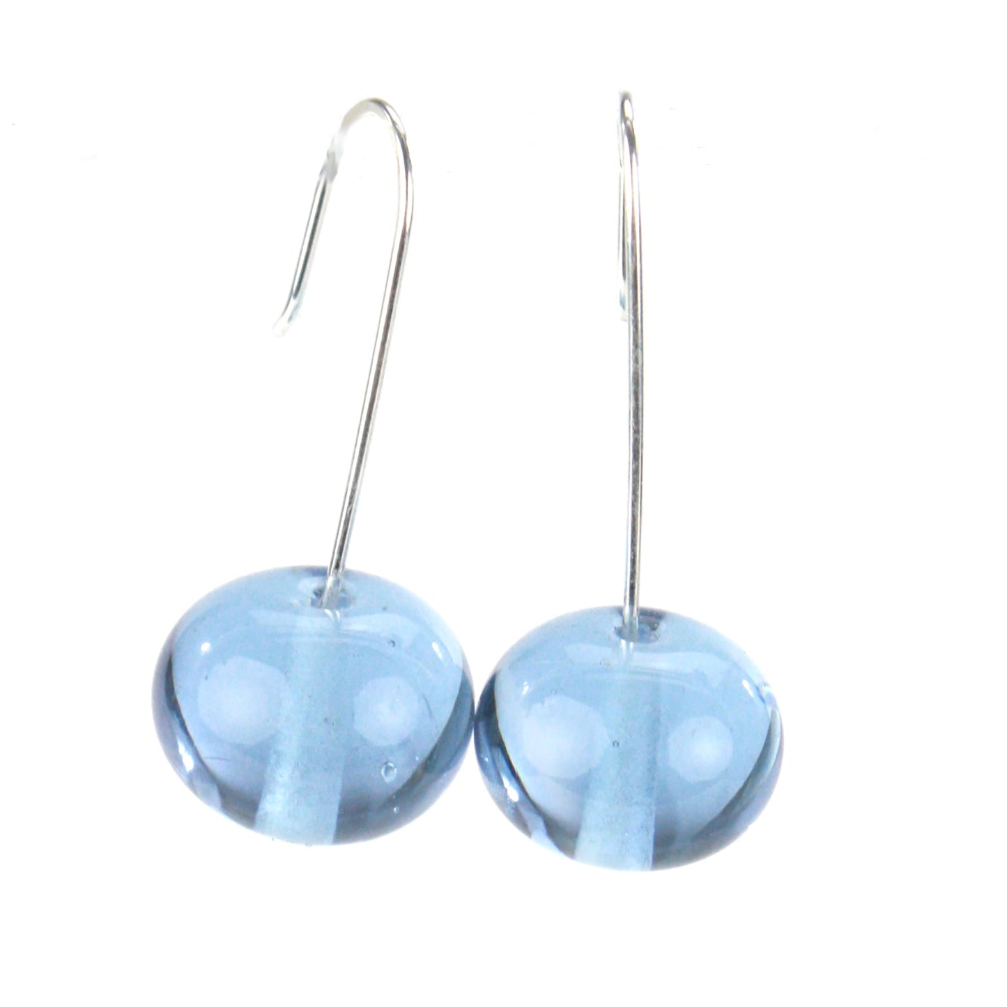 Color-changing glass bead earrings on sterling silver hooks. Handmade beads shift from purple to blue under fluorescent light, approximately 1.25 inches long.