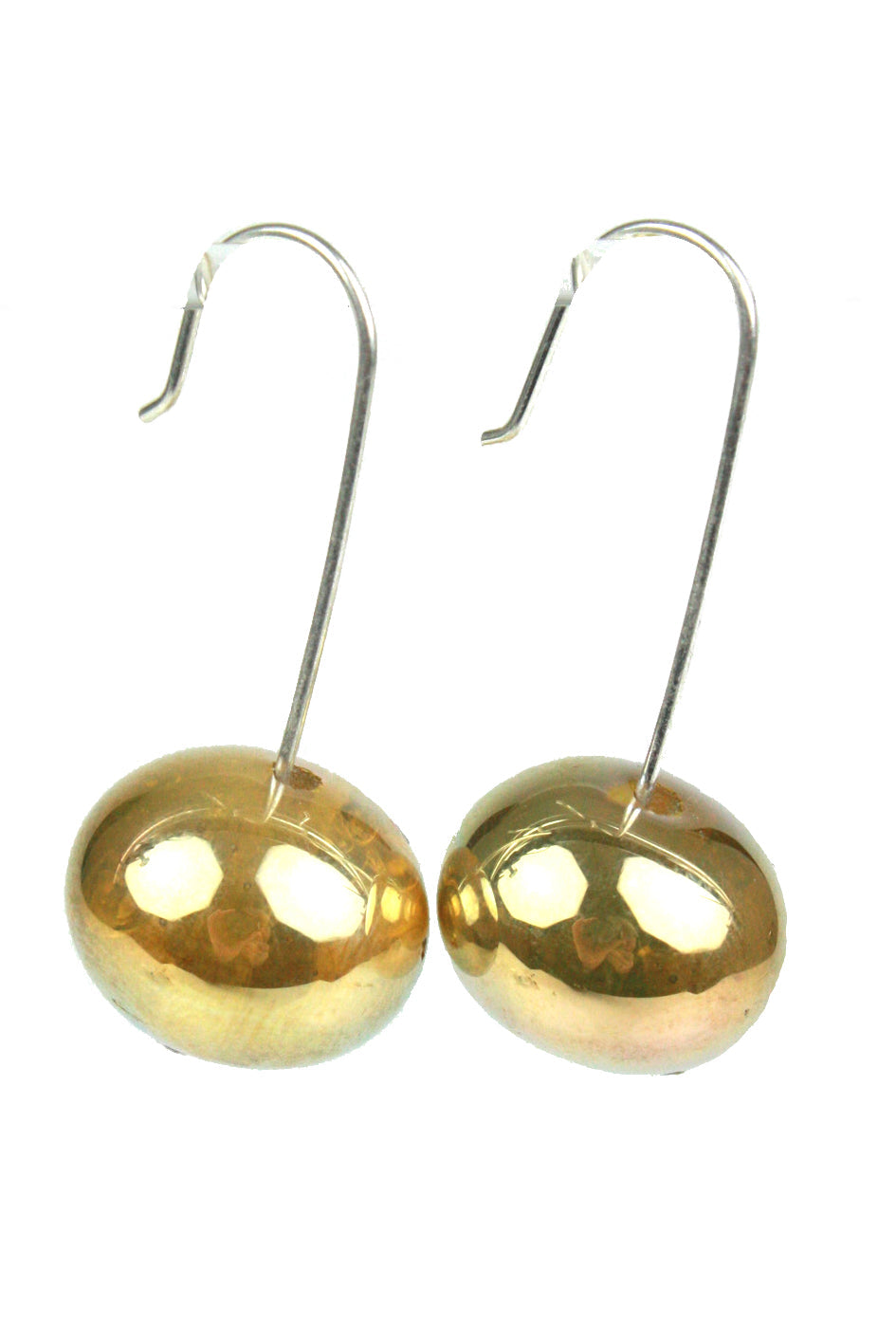 Gold handmade glass bubble bead earrings with sterling silver hooks. Reflective gold finish beads, 0.5 inches in diameter, 1.25 inches in length.

