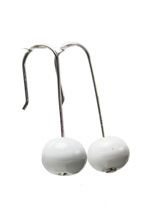 White glass bubble bead earrings with sterling silver hooks. Beads measure approximately 0.5 inches in diameter, and earrings are 1.25 inches long.