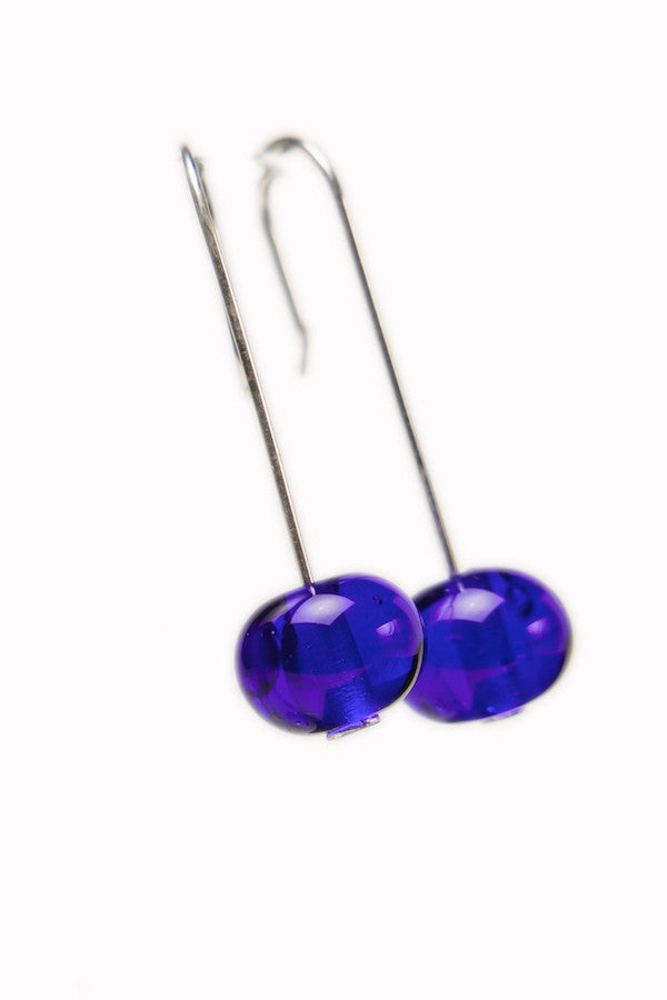 Handmade cobalt blue glass bubble bead earrings with sterling silver hooks. Lightweight, with 0.5-inch beads and a total length of 1.25 inches.