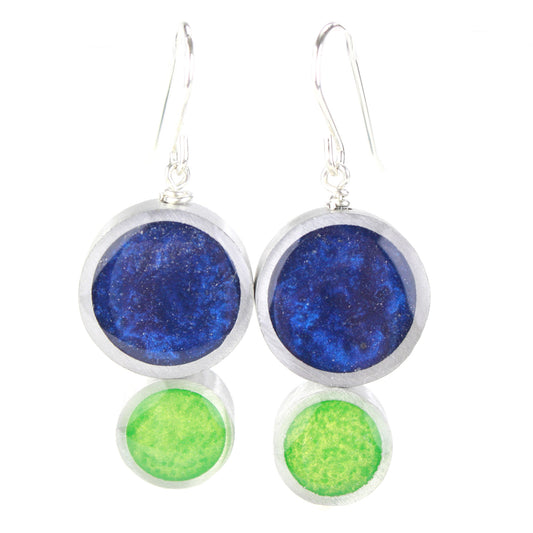 Blue and green Resinique Double Circle Earrings featuring eco-resin discs set in salvaged aluminum with sterling silver ear wires, perfect for sustainable fashion.