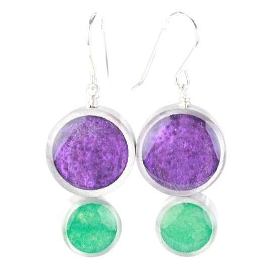 Purple and seafoam green Resinique Double Circle Earrings made with eco-resin and salvaged aluminum, featuring sterling silver ear wires for sustainable fashion.