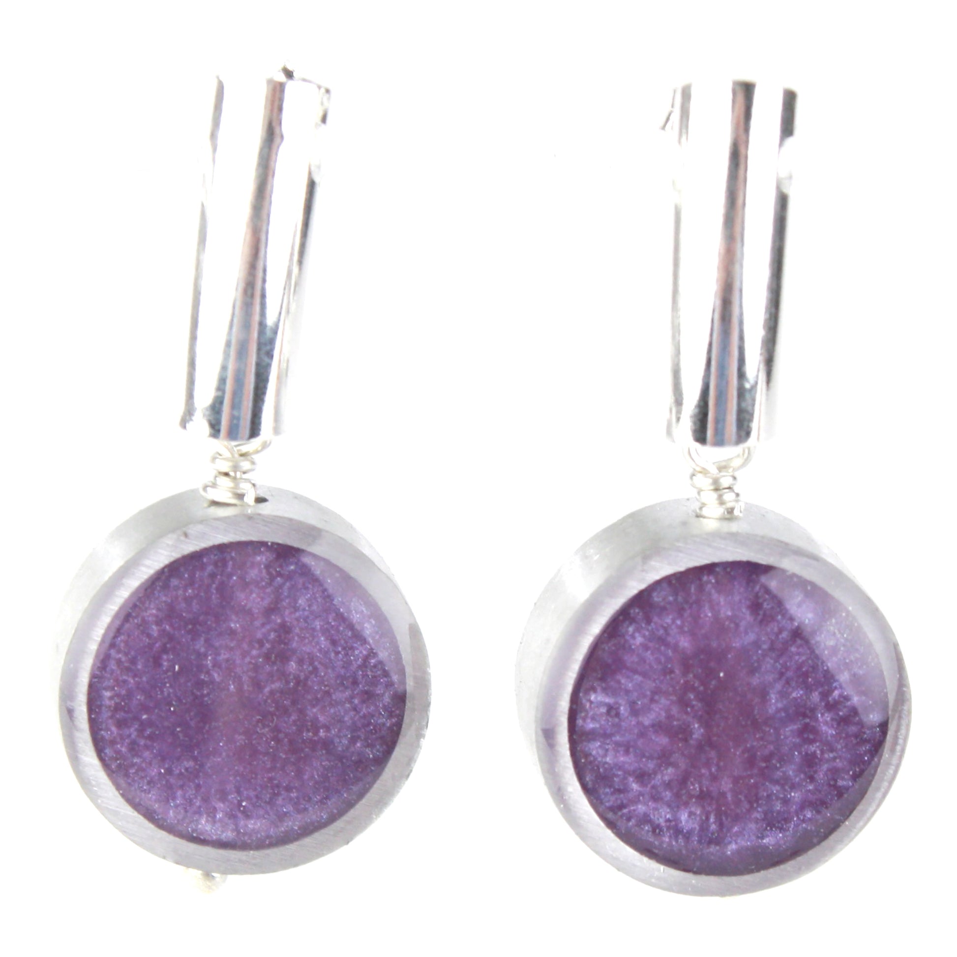 Lavender eco-resin and salvaged aluminum drop earrings with matte finish, hanging from sterling silver ear wires.