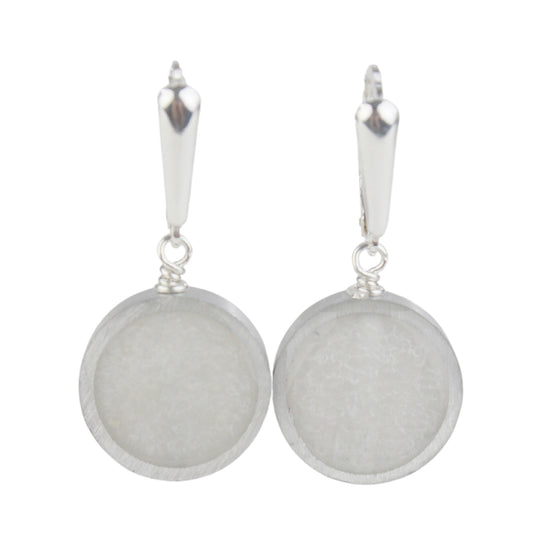 White eco-resin and salvaged aluminum drop earrings with matte finish, suspended from sterling silver ear wires.

