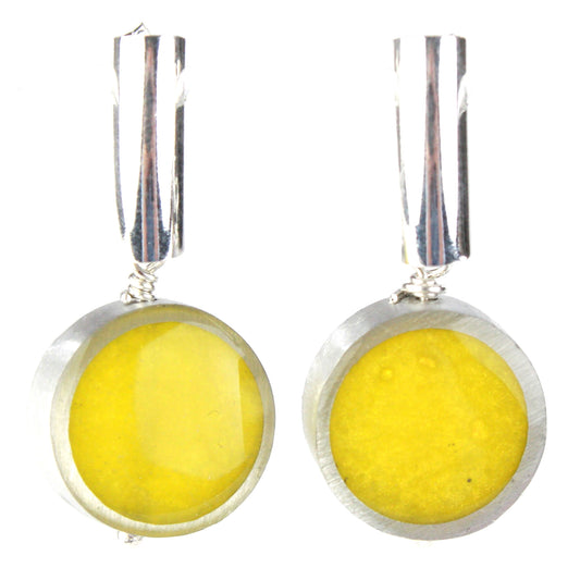 Yellow eco-resin and salvaged aluminum drop earrings with matte finish, suspended from sterling silver ear wires.