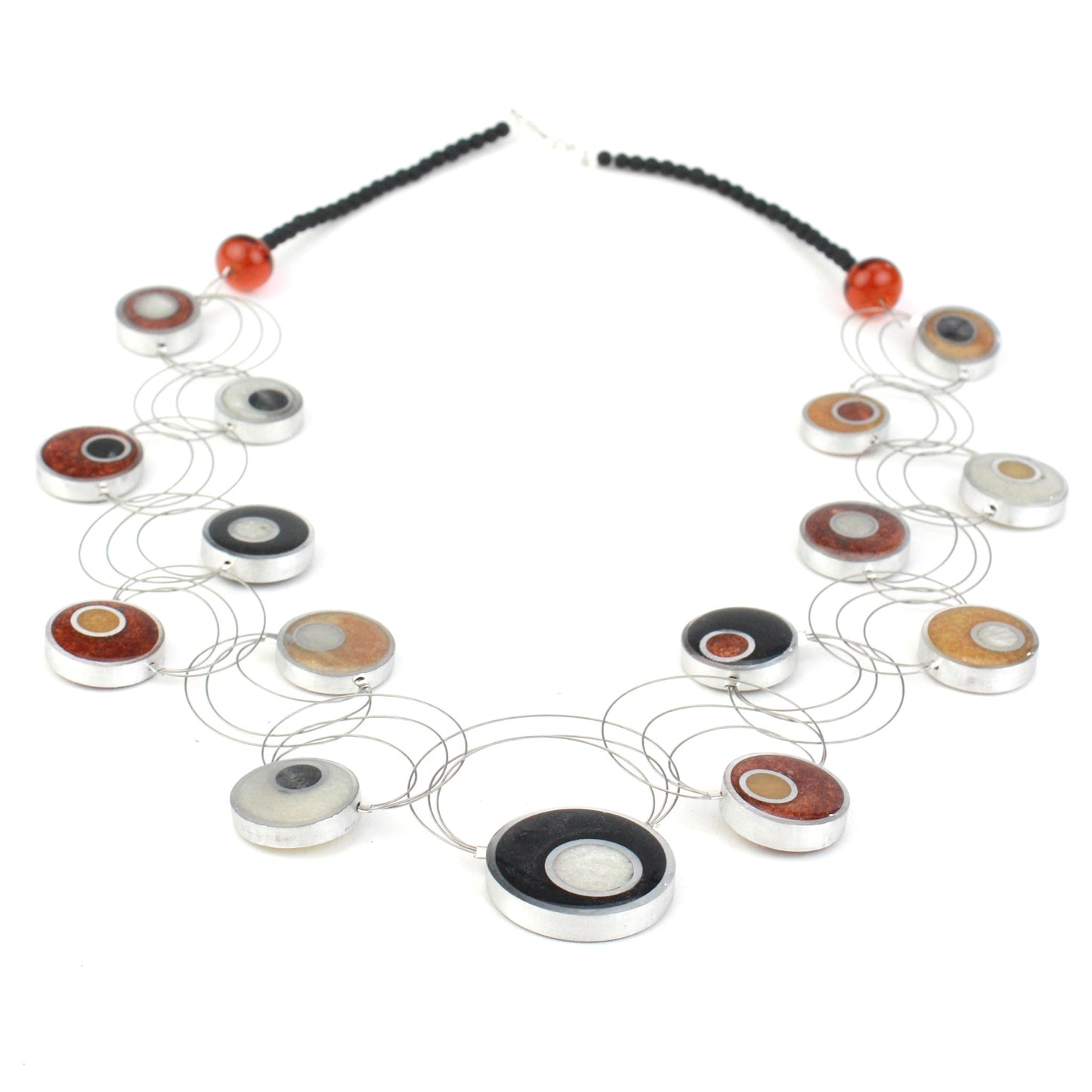 Resinique interlocking circles necklace - Black, white, copper and gold