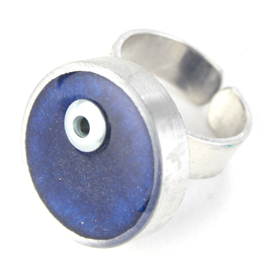 Dark blue Resinique Single Circle Ring featuring a salvaged aluminum setting and fully adjustable aluminum band.