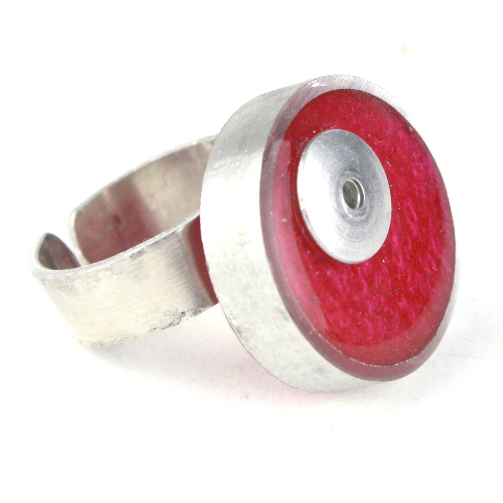 Bright pink Resinique Single Circle Ring featuring a vivid eco-resin centerpiece set in salvaged aluminum with an adjustable band for a perfect fit.