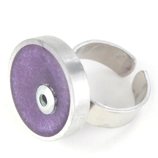 Lavender Resinique Single Circle Ring with a soft eco-resin disc set in a salvaged aluminum band. Adjustable ring band for a personalized fit.