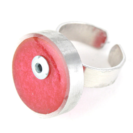 Bright red Resinique Single Circle Ring with a vivid eco-resin disc set in a salvaged aluminum band. Fully adjustable for a perfect fit.