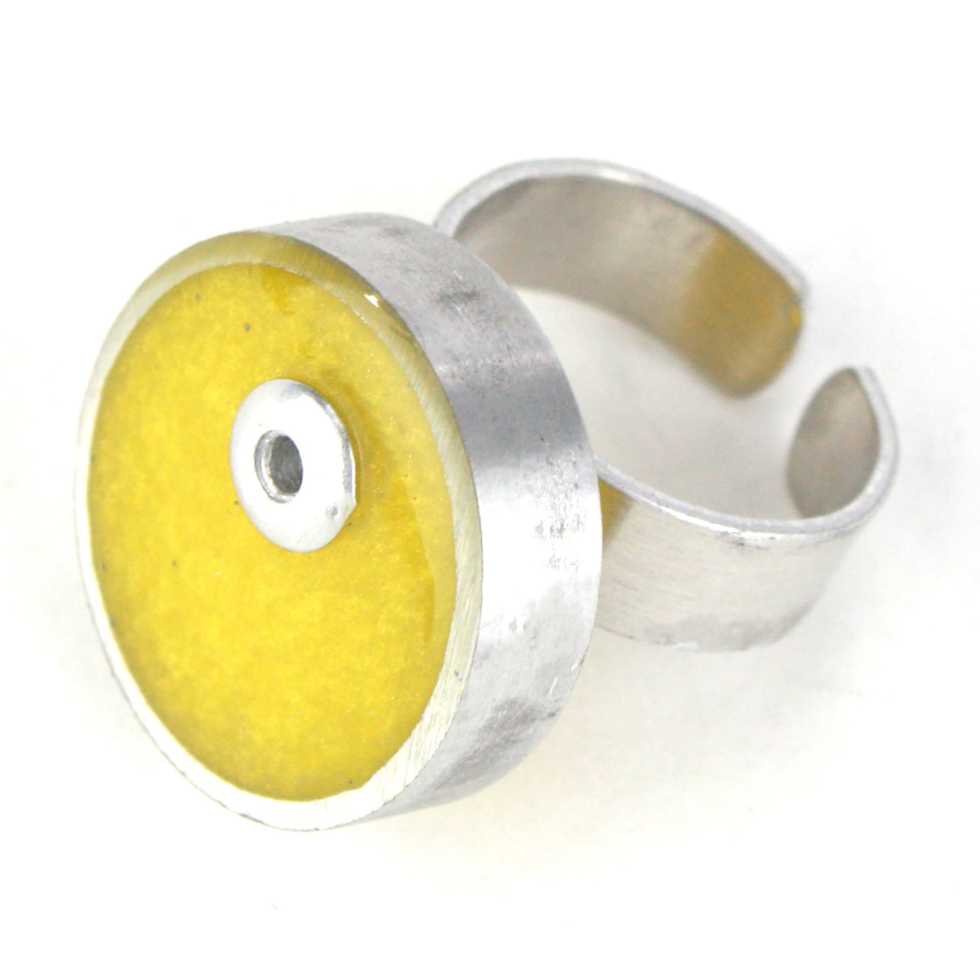 Yellow Resinique Single Circle Ring with a vibrant eco-resin centerpiece set in salvaged aluminum and an adjustable band.