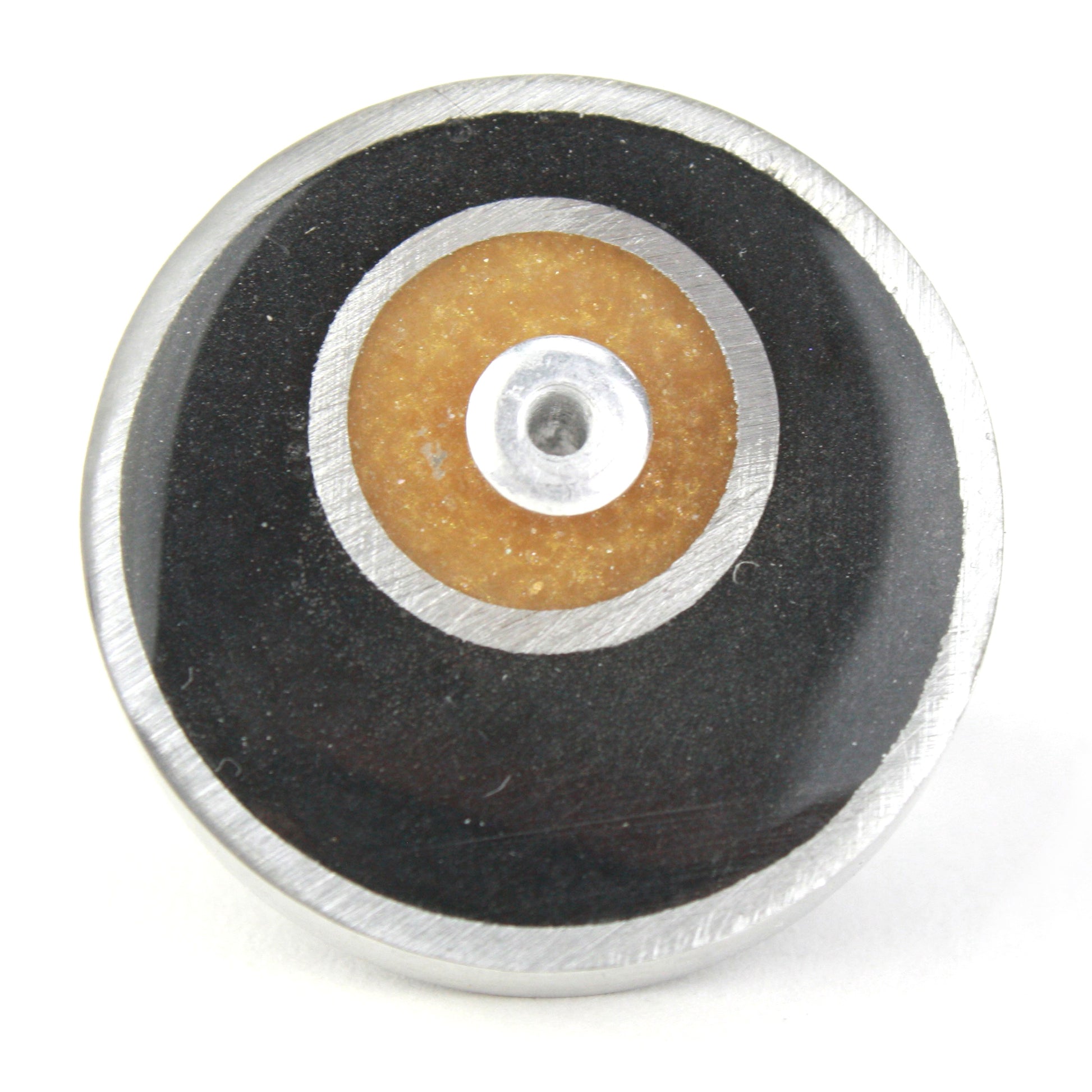 Black and gold Resinique Double Circle Ring made from eco-resin and salvaged aluminum with an adjustable band for a sustainable and bold accessory.